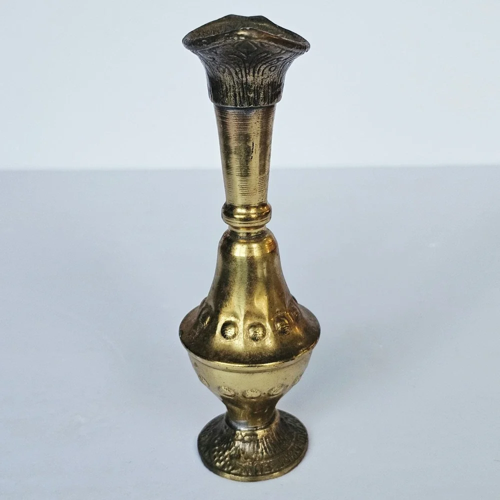 Vintage Perri Brass Pitcher Ewer Tall Neck Embossed Decorative Gold Vase 7.5